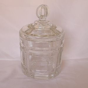 Antique Duncan & Sons Glass Cryptic Zipper Ribbon Stars Lidded Bisquit Jar 1880s